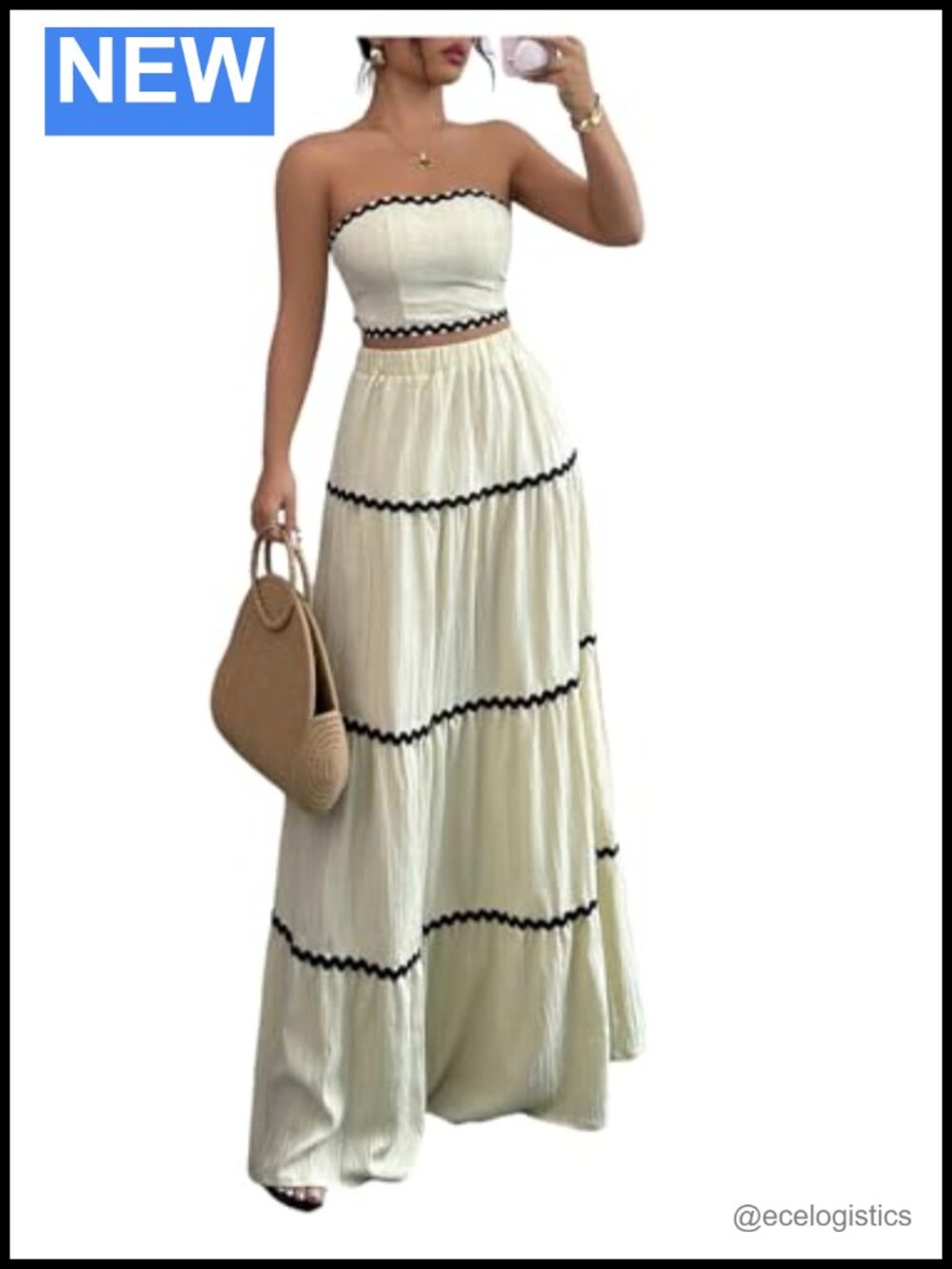 2 Piece Outfit Bandeau Crop Top Flowy Maxi Skirt Set Boho Resort Wear